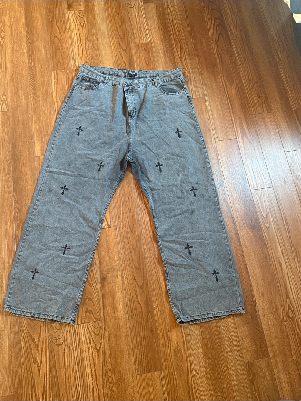 Gray Washed Jeans with Cross Embroidery on front and back